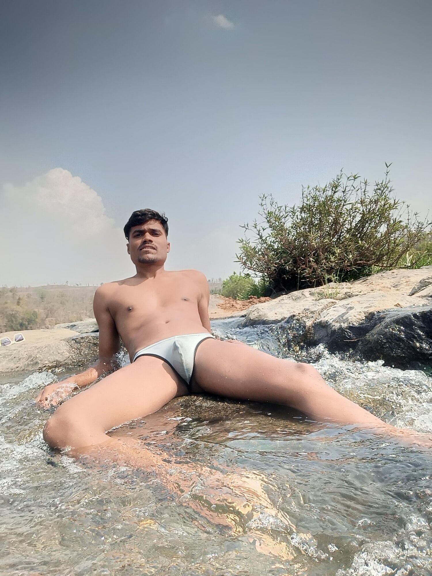 Hot muscular gym boy outdoor in river bathing enjoying swimm #20