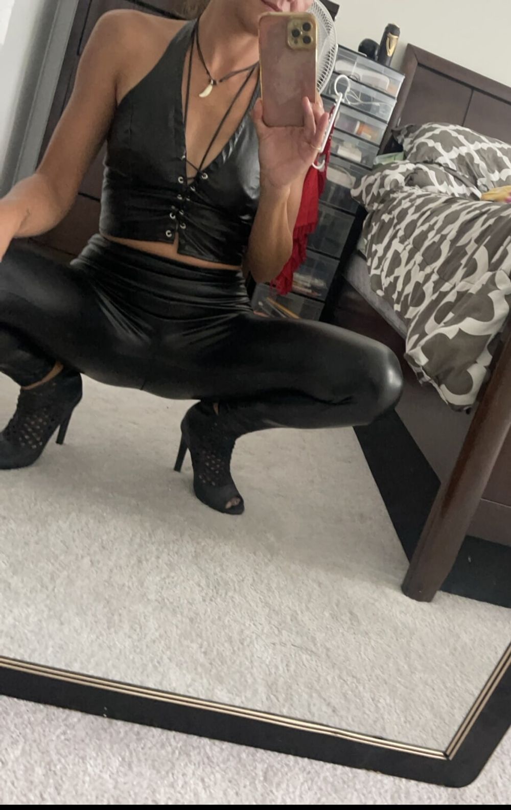 Black leather, heels, mirror, suction dildo #4