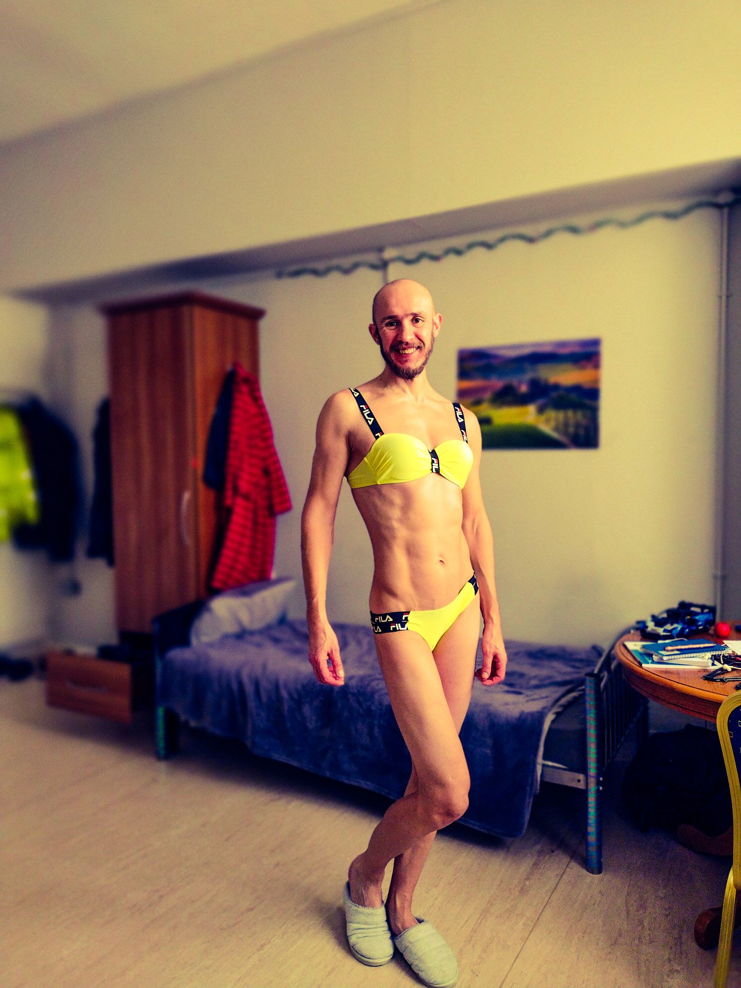 Bearded athletic man posing in yellow swimsuit  #20
