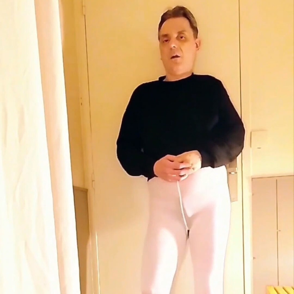 Cock stroking and anal play in white open pantyhose #16