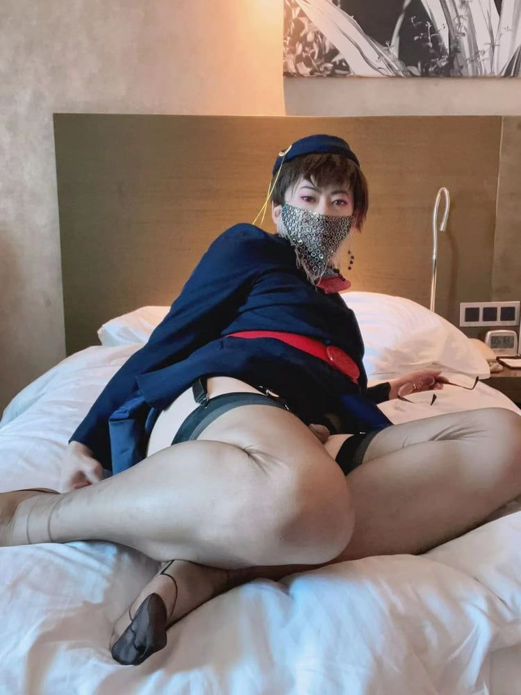 Asian sissy slut in flight attendant dress and stockings #7