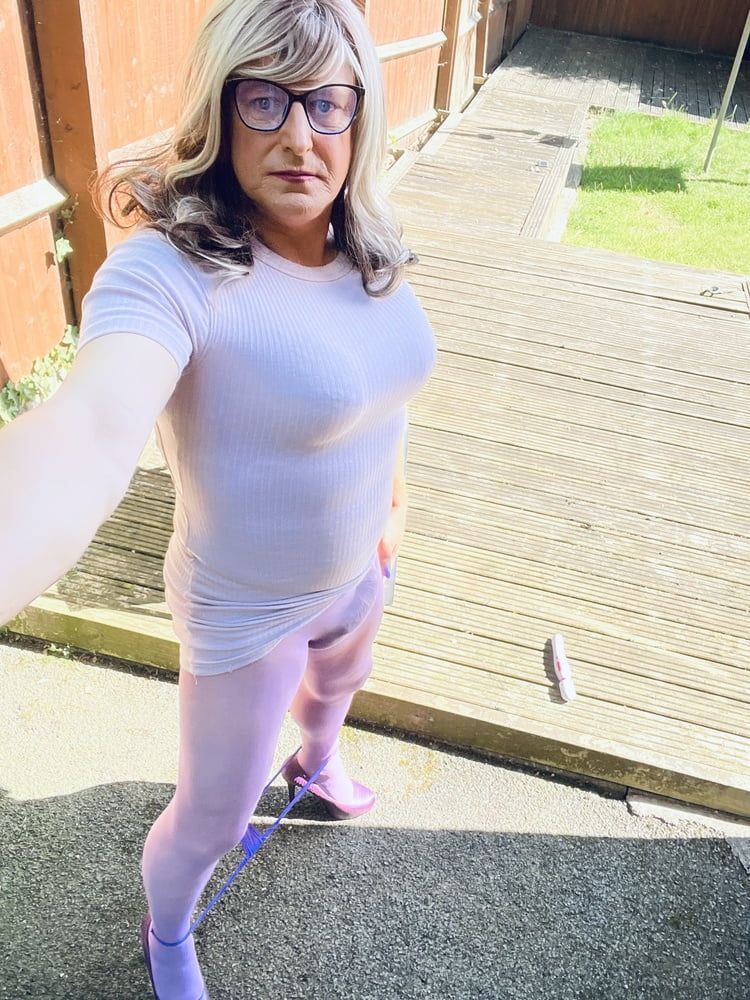 Crossdresser Kellycd in lilac dress and seamless pantyhose  #37