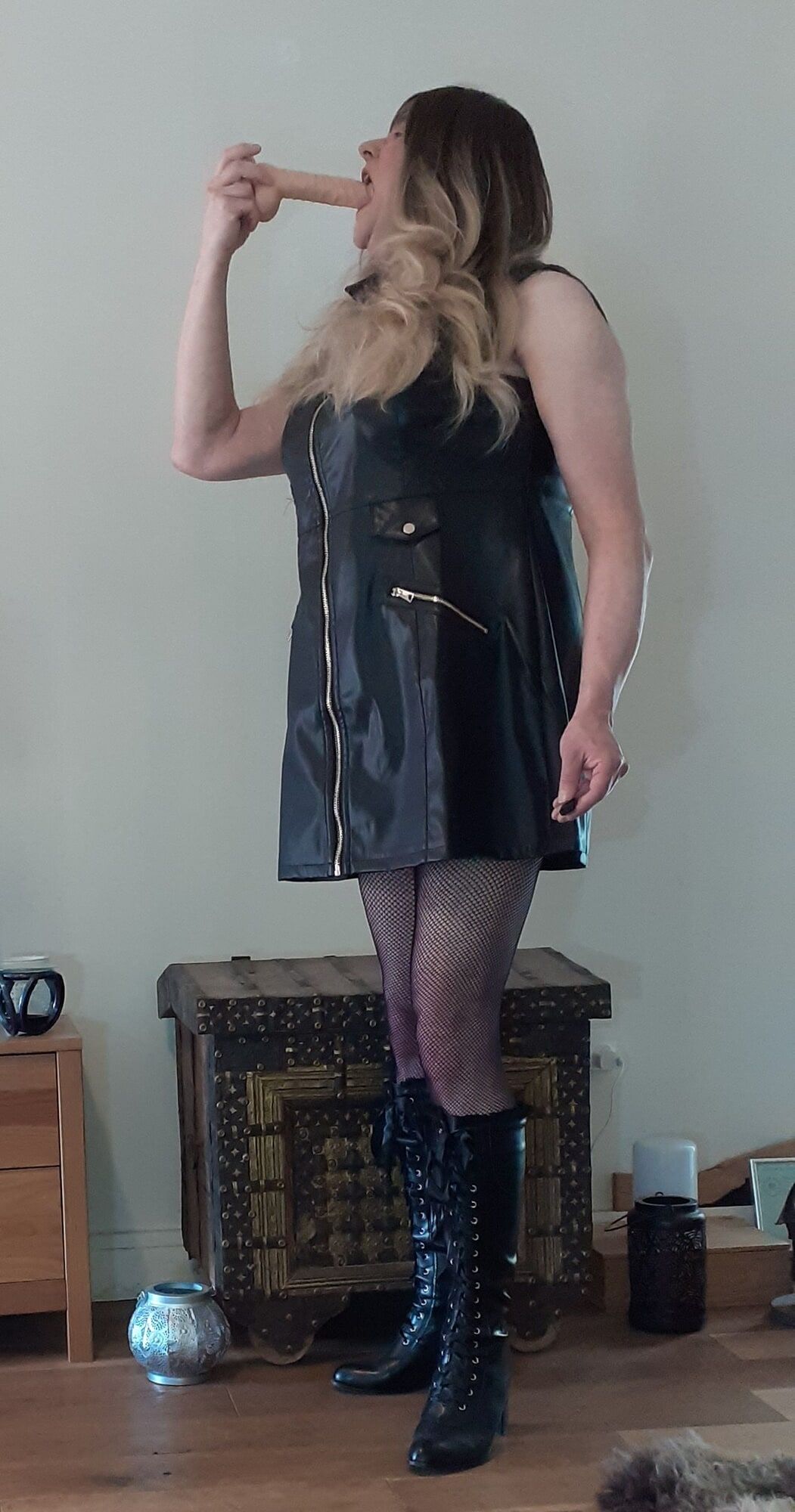 crossdressed in black leather dress #39
