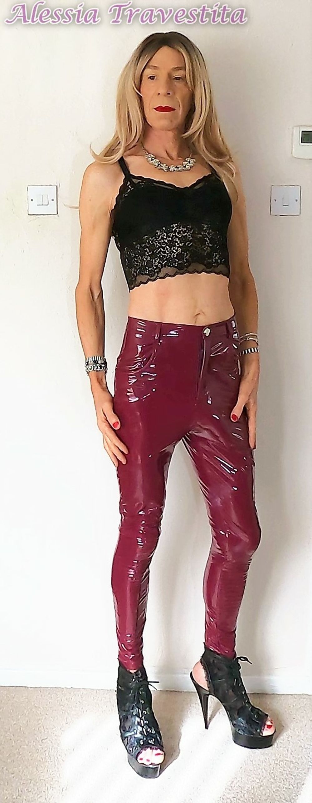 76 Alessia Travestita in Burgundy PVC Jeans #58