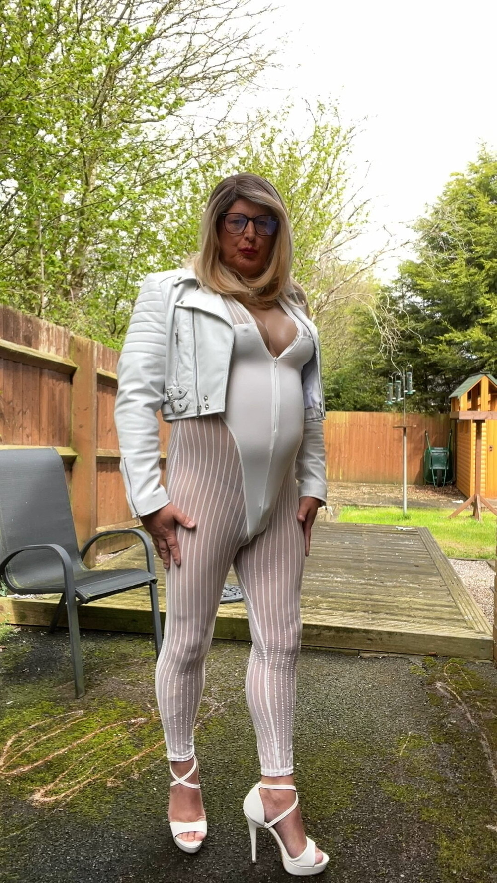 Amateur crossdresser Kellycd2022 sexy Milton white catsuit  #39