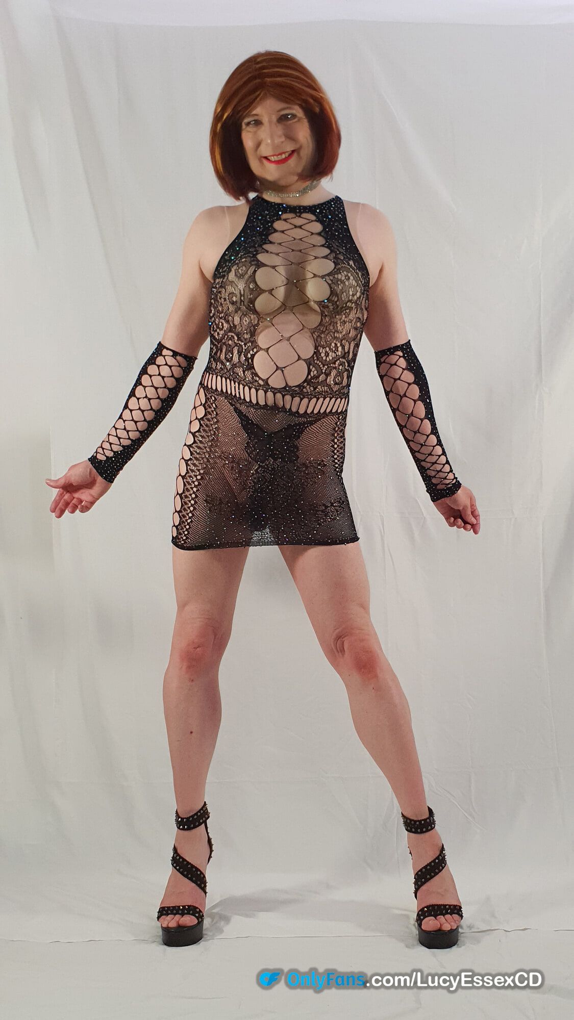 Sexy big cock crossdresser Lucy Essex posing in mesh dress #2