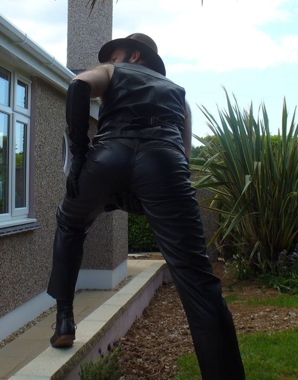 Leather Master outdoors posing in full leather #2