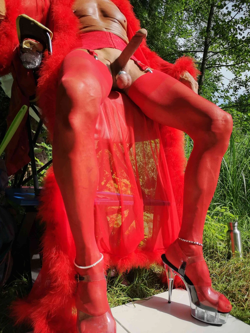 Crossdresser in red Lingerie at public Nudist Lake #29