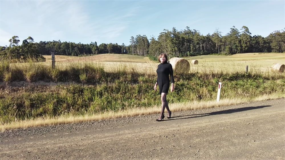 Crossdress Road trip- Rural road -Black Dress #24