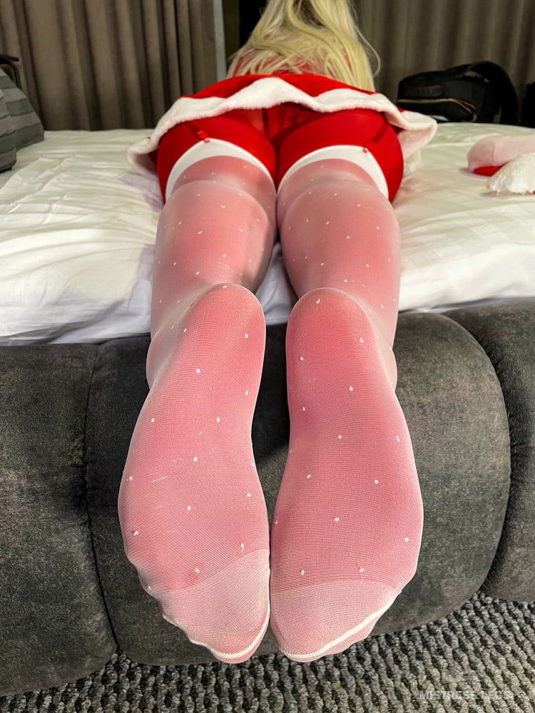 Xmas nylon soles in white stockings and red pantyhose #5