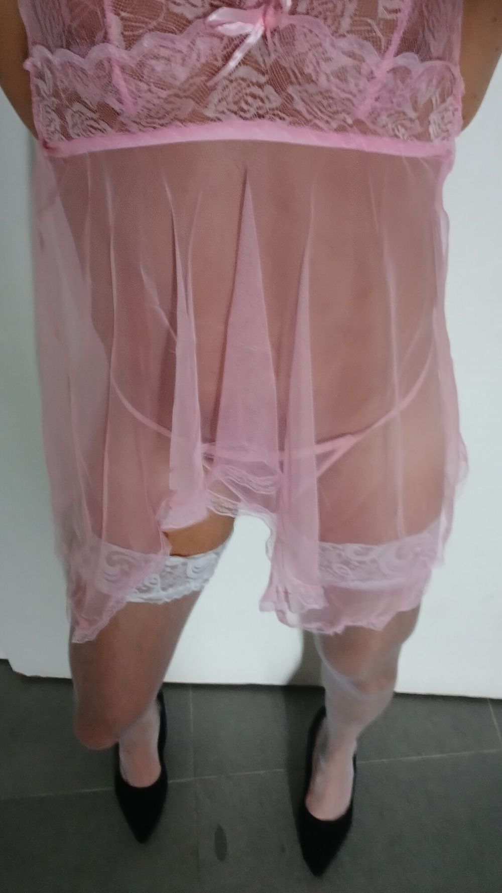 Transparent Pink nightie &amp;white stoking high heels  #27