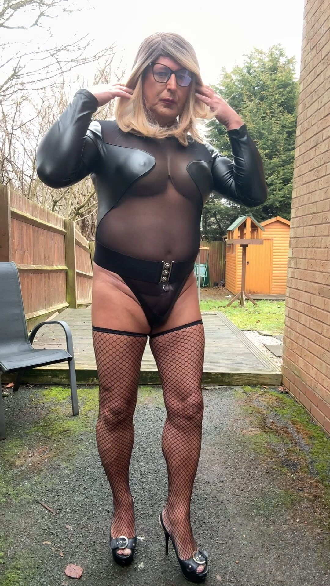 Sexy Crossdresser Kellycd2022 black pvc and nylon bodysuit #16