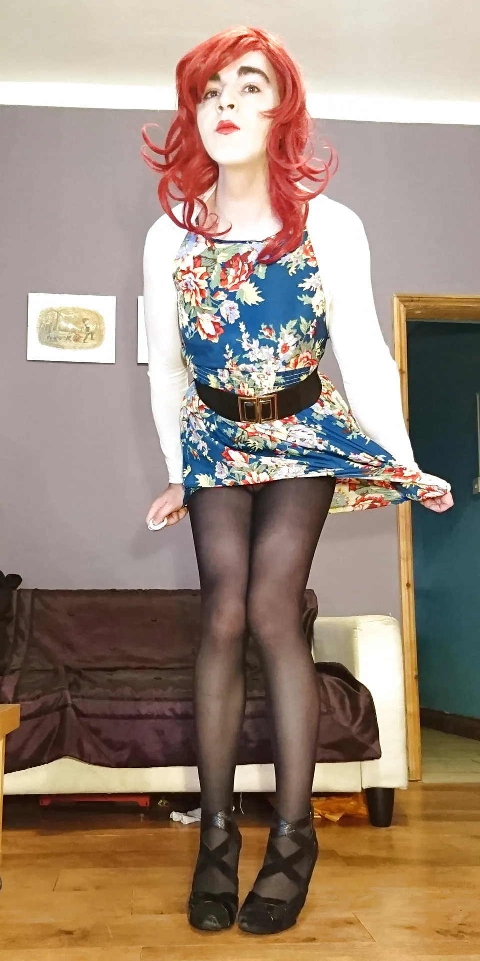 Marie crossdresser in opaque pantyhose and floral dress