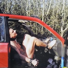 naked Guy Outdoor in his Car ( Chain Slave ) public Space!