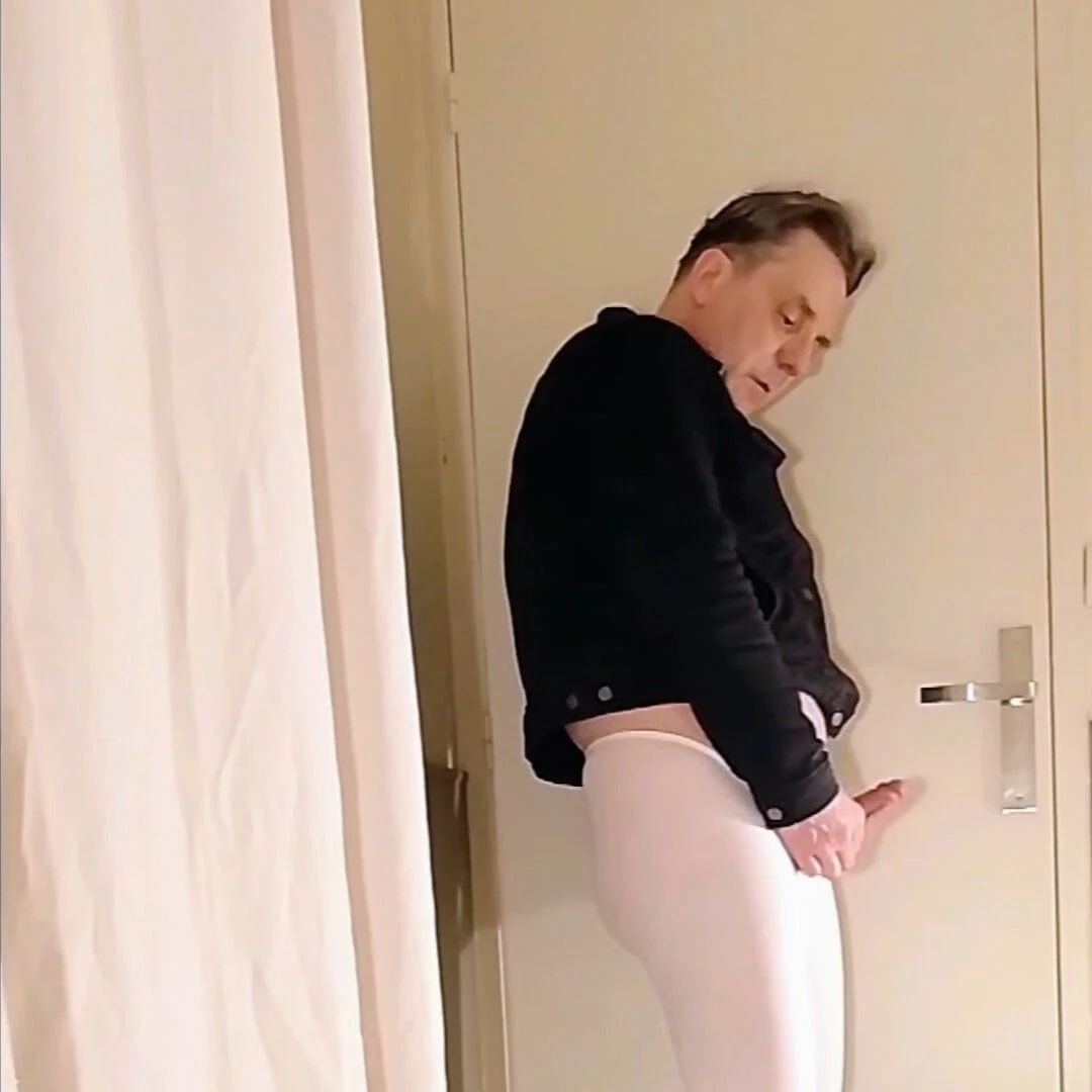 Cock stroking and handjob in white open pantyhose