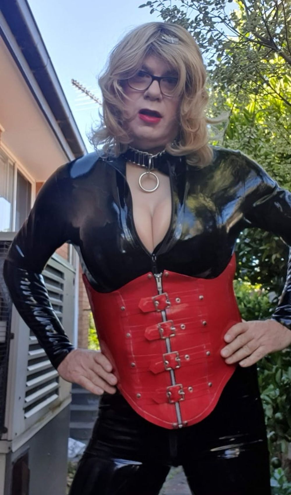 Rachel Wears a Catsuit and a Red Corset #2