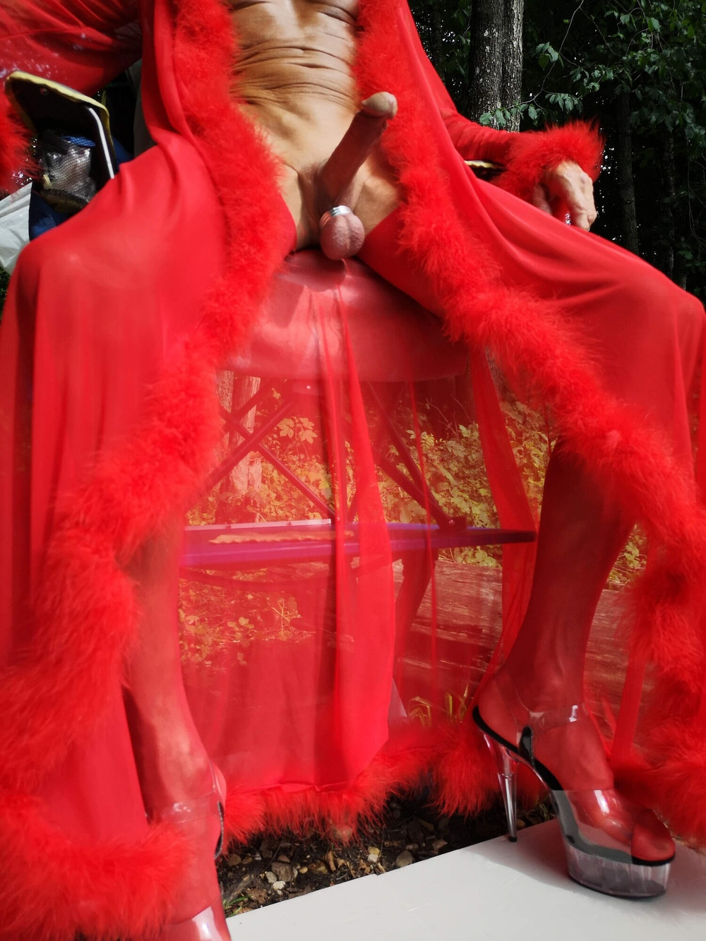 Boner in red Lingerie at public Nudist Lake #7