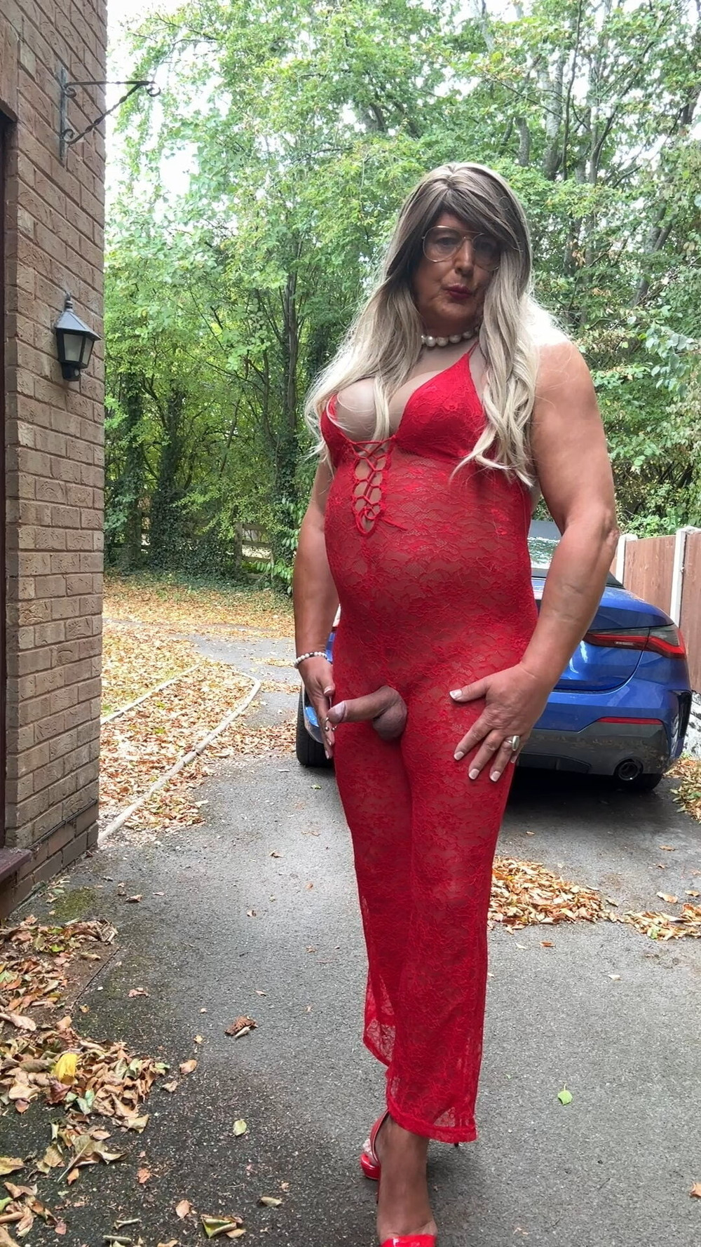 Sexy Crossdresser kellycd2022 in red lace jumpsuit and heels #53