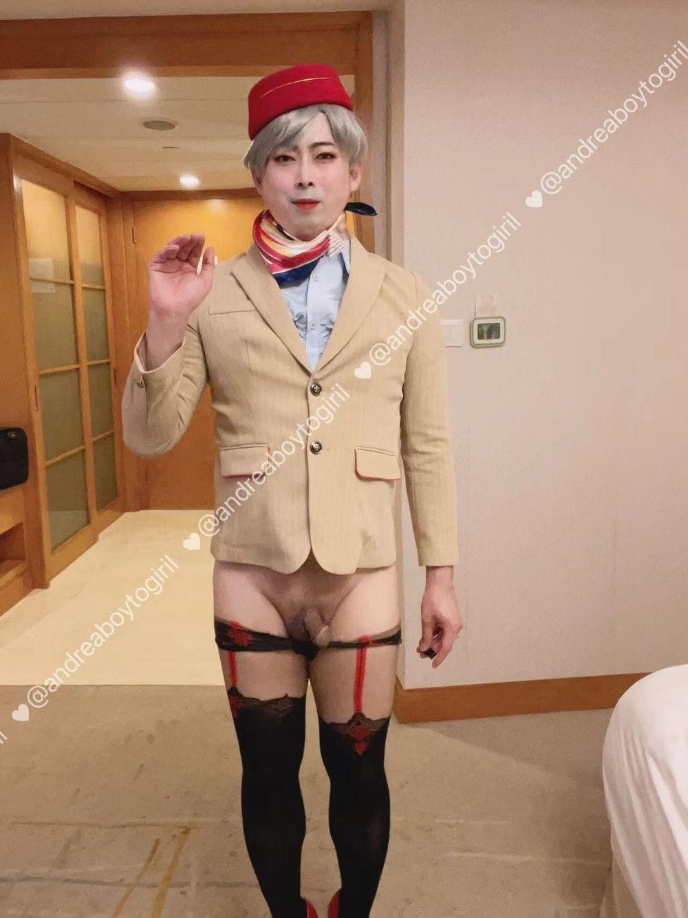 Asian femboy sissy in Emirates Cabin Crew dress(P4)