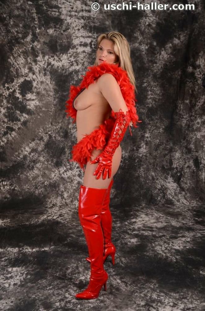 MILF Arabella May in red high boots, gloves & feather boa #36