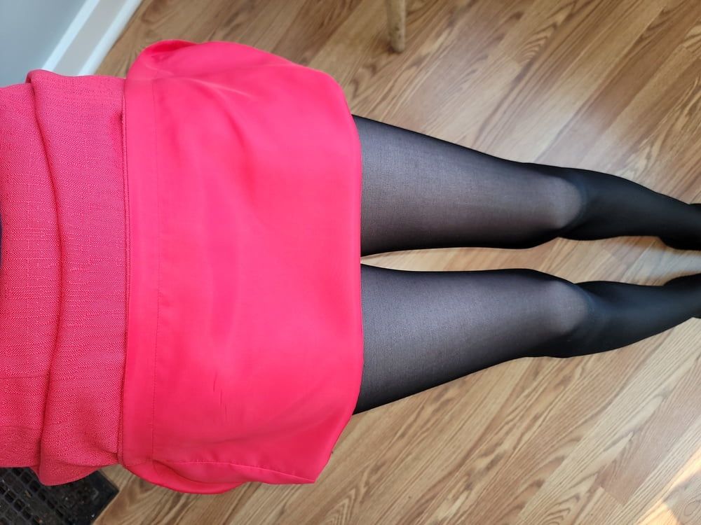 Pink pencil skirt with black pantyhose  #31