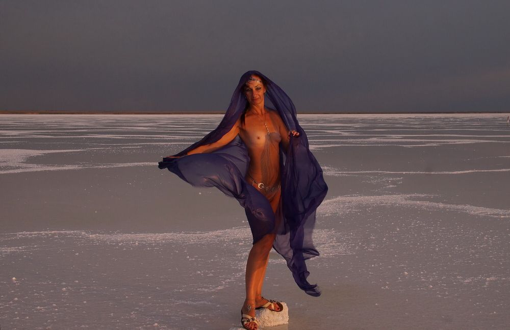 On Sunset-Light with DeepBlue Shawl on Salt- Lake #13