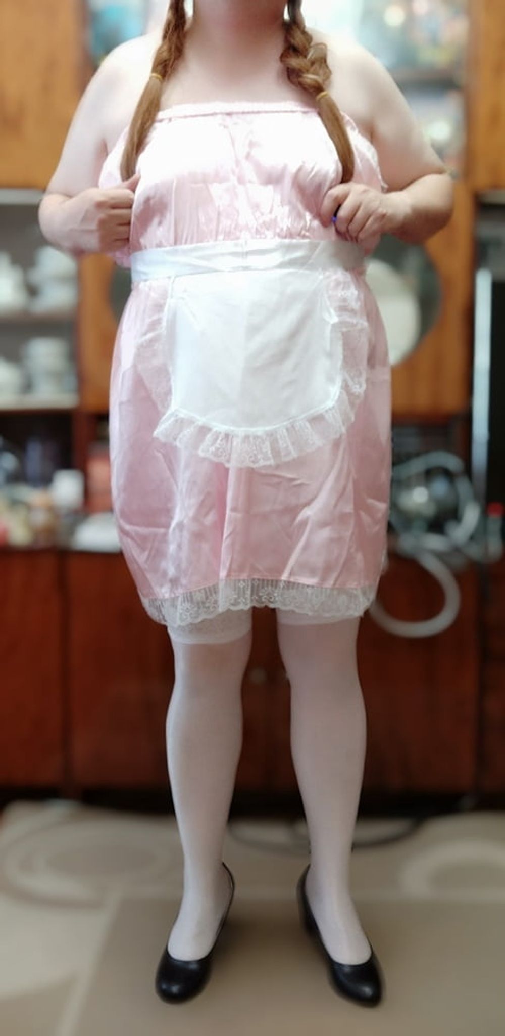 Sissy maid posing in white stockings #33