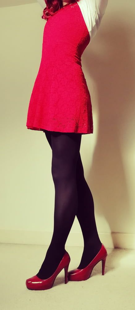 Marie crossdresser in red dress and opaque tights #19