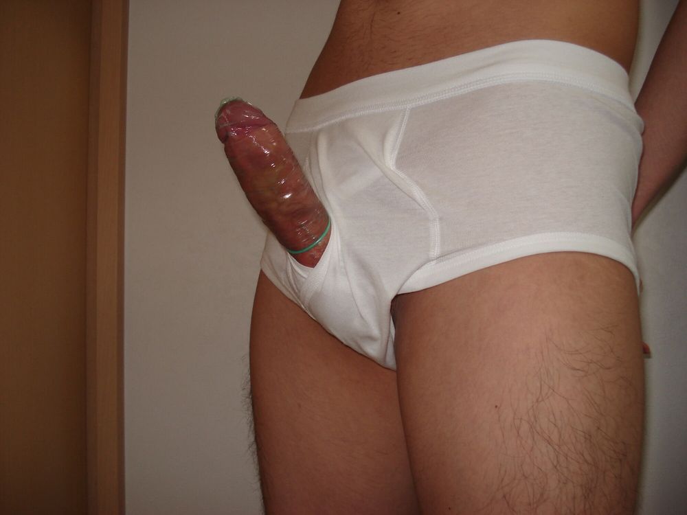 white briefs and condom cum