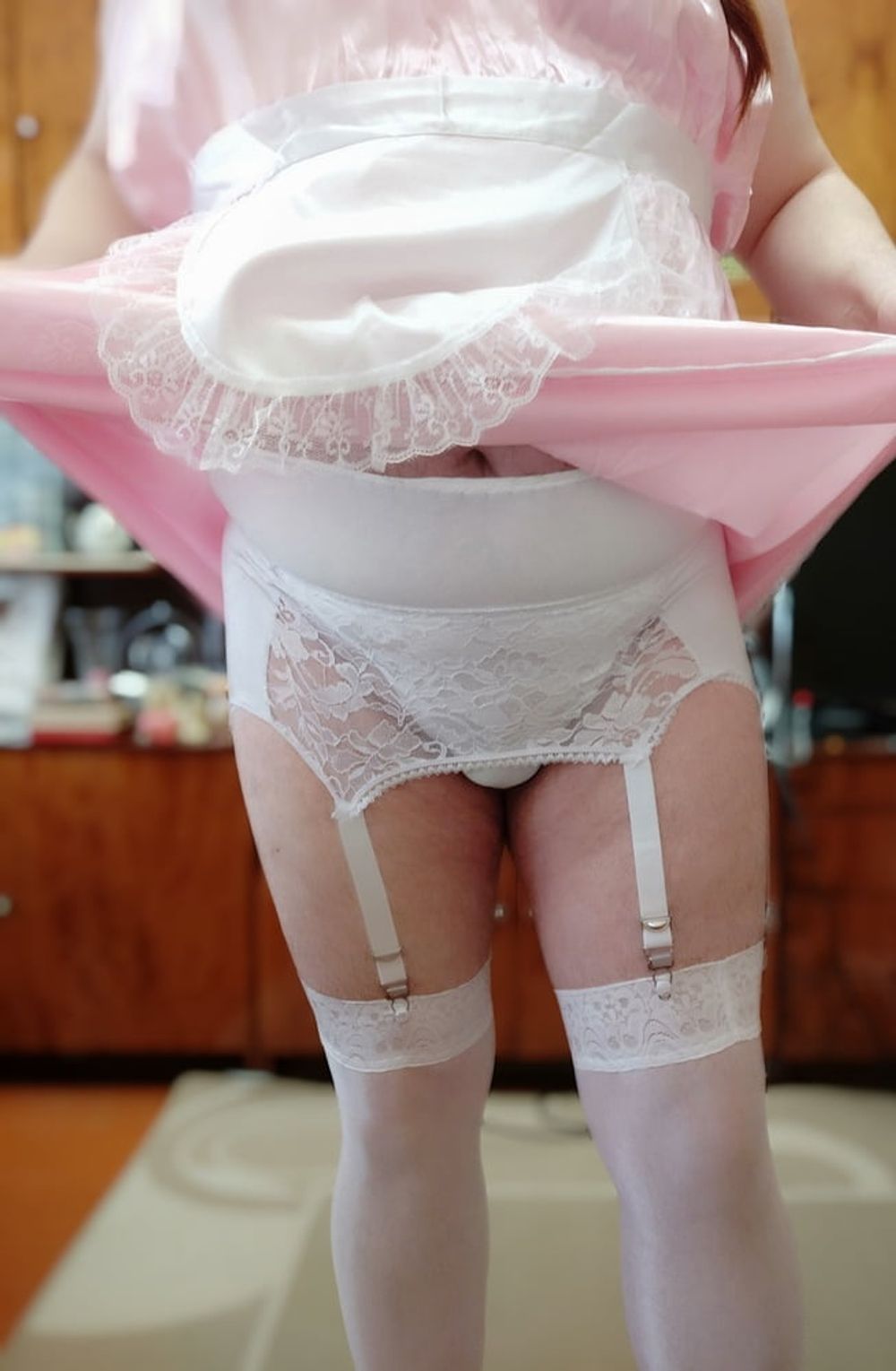 Sissy maid posing in white stockings #19