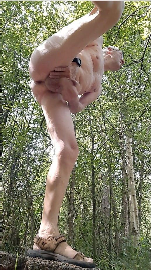 naked exhibitionist jerking in public outdoor woods with cum #17