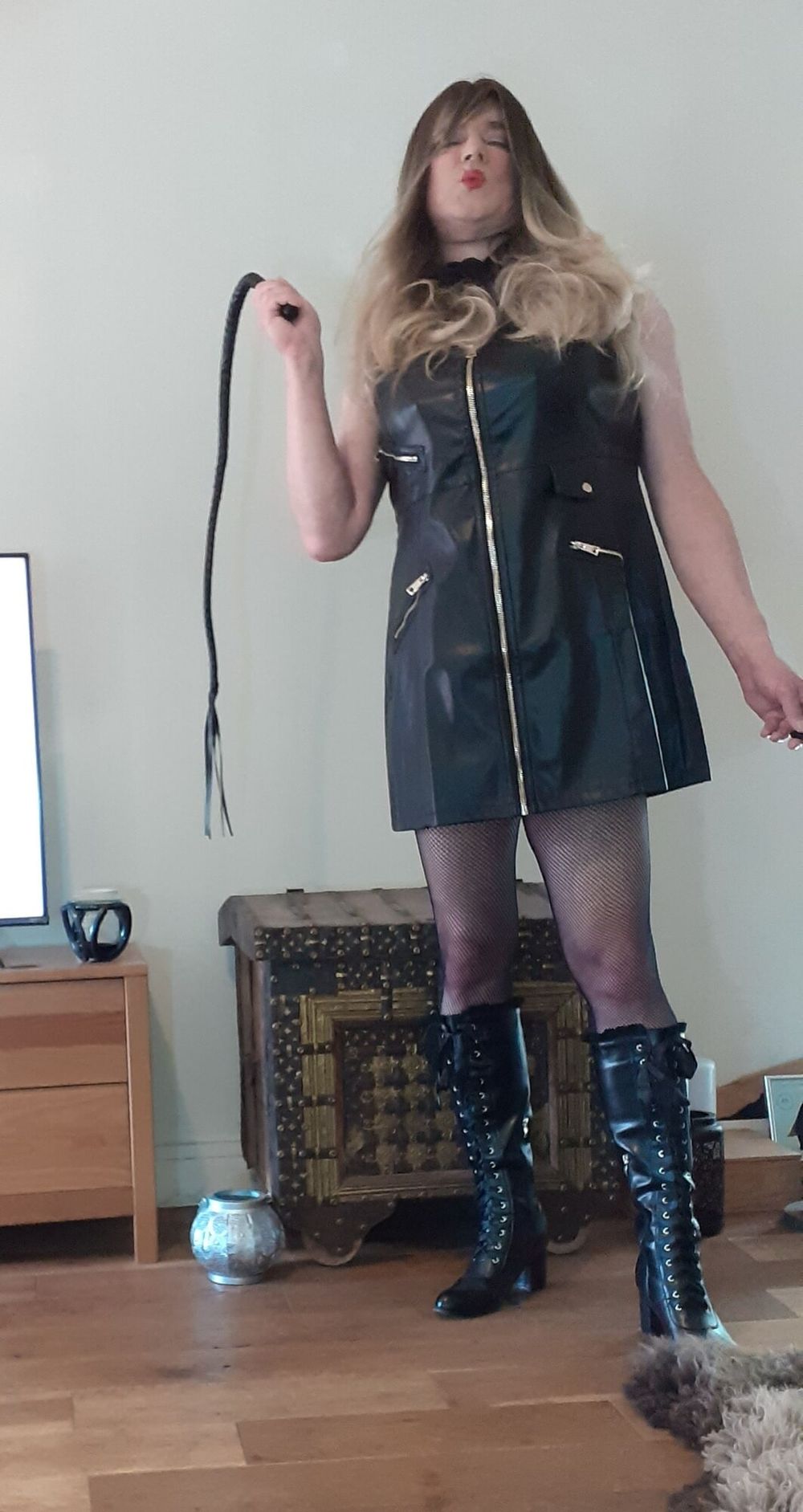 crossdressed in black leather dress #29