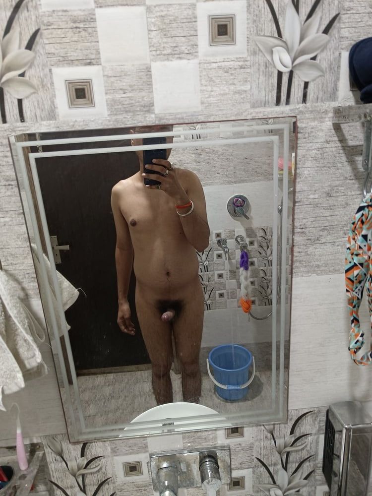 Nude boy having fun in bathroom  #8