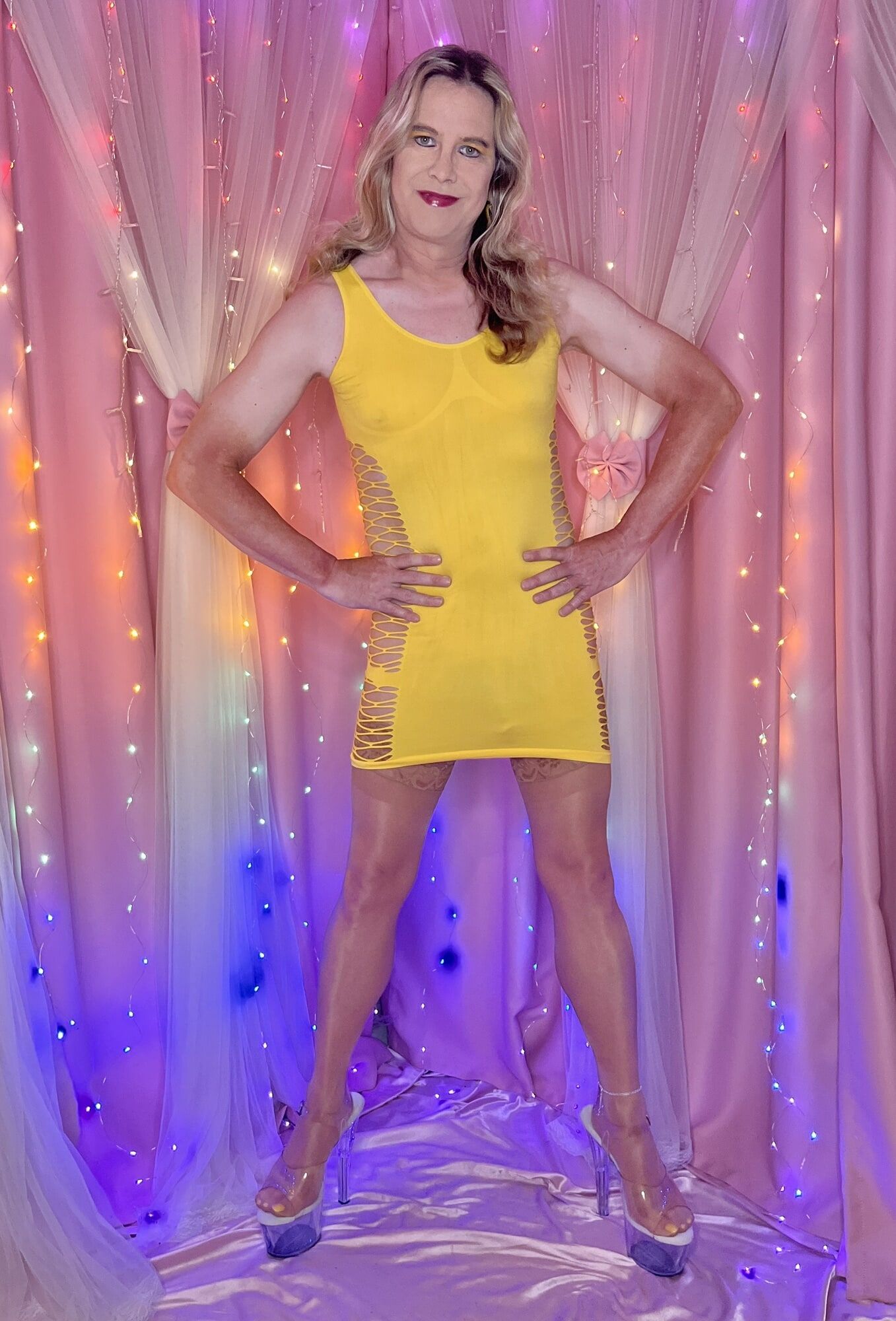 Joanie - Yellow Fishnet Mini Dress #22