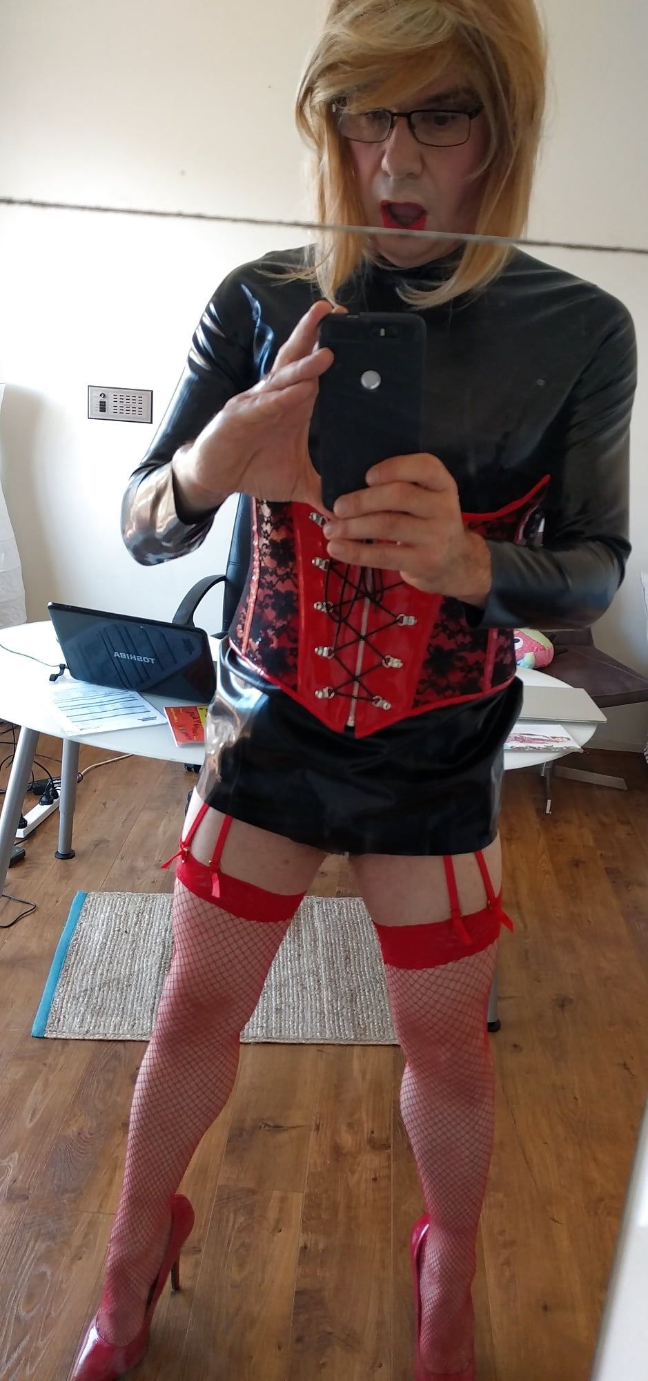 Red fishnets and hot corset combo #15