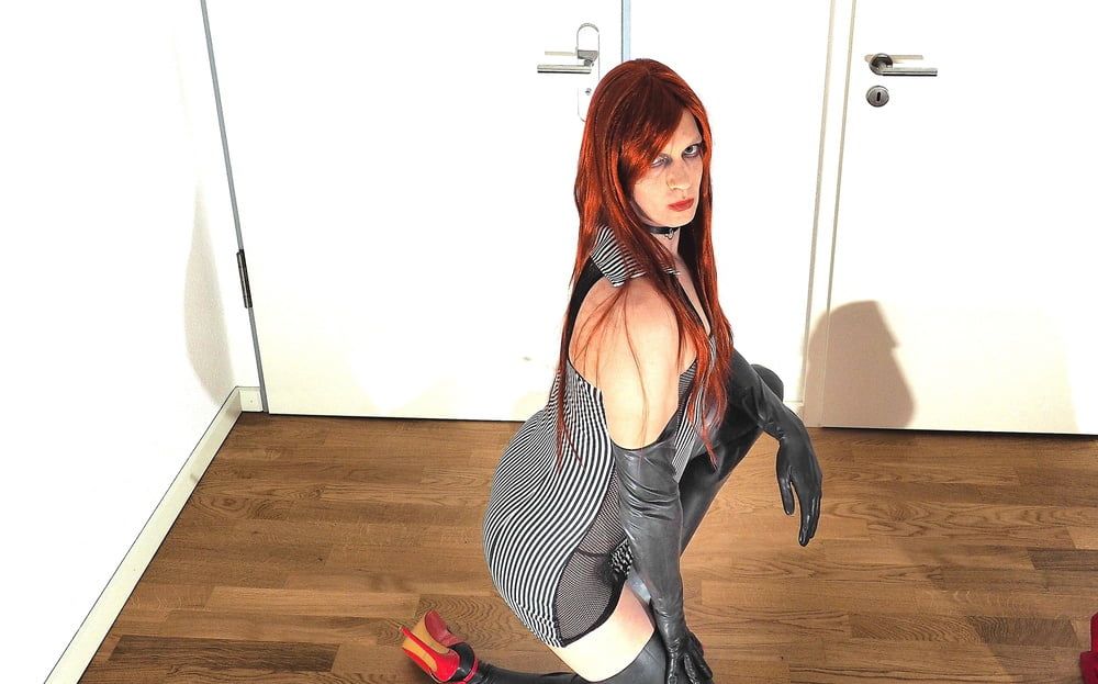 Stunning Redhead Sissy in latex stockings #4