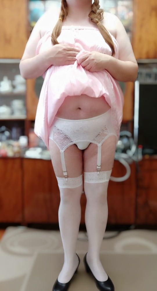 Sissy maid posing in white stockings #20