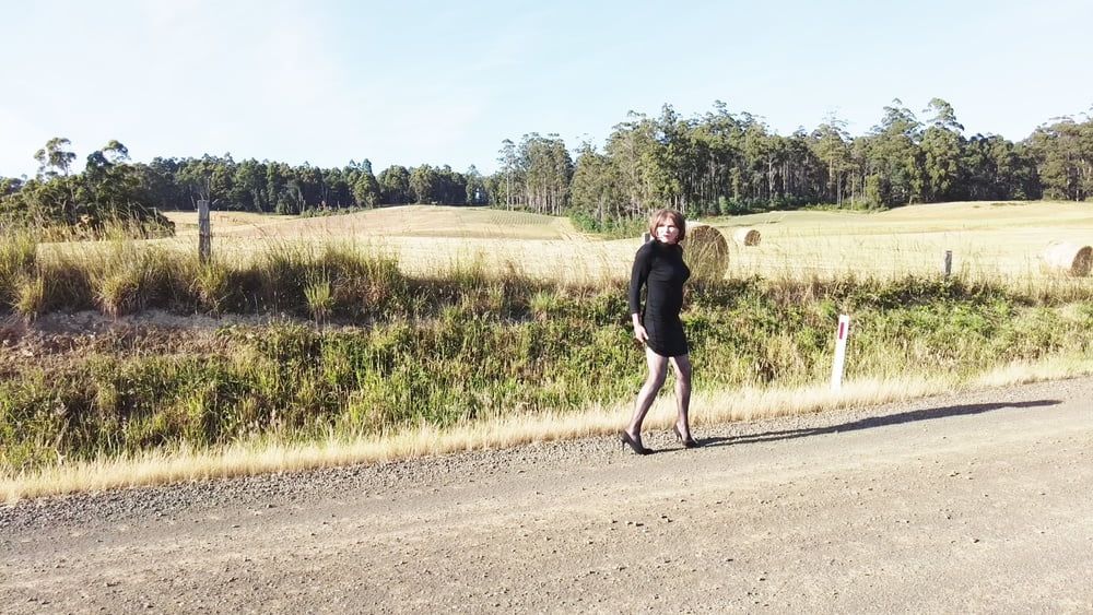 Crossdress Road trip- Rural road -Black Dress #18