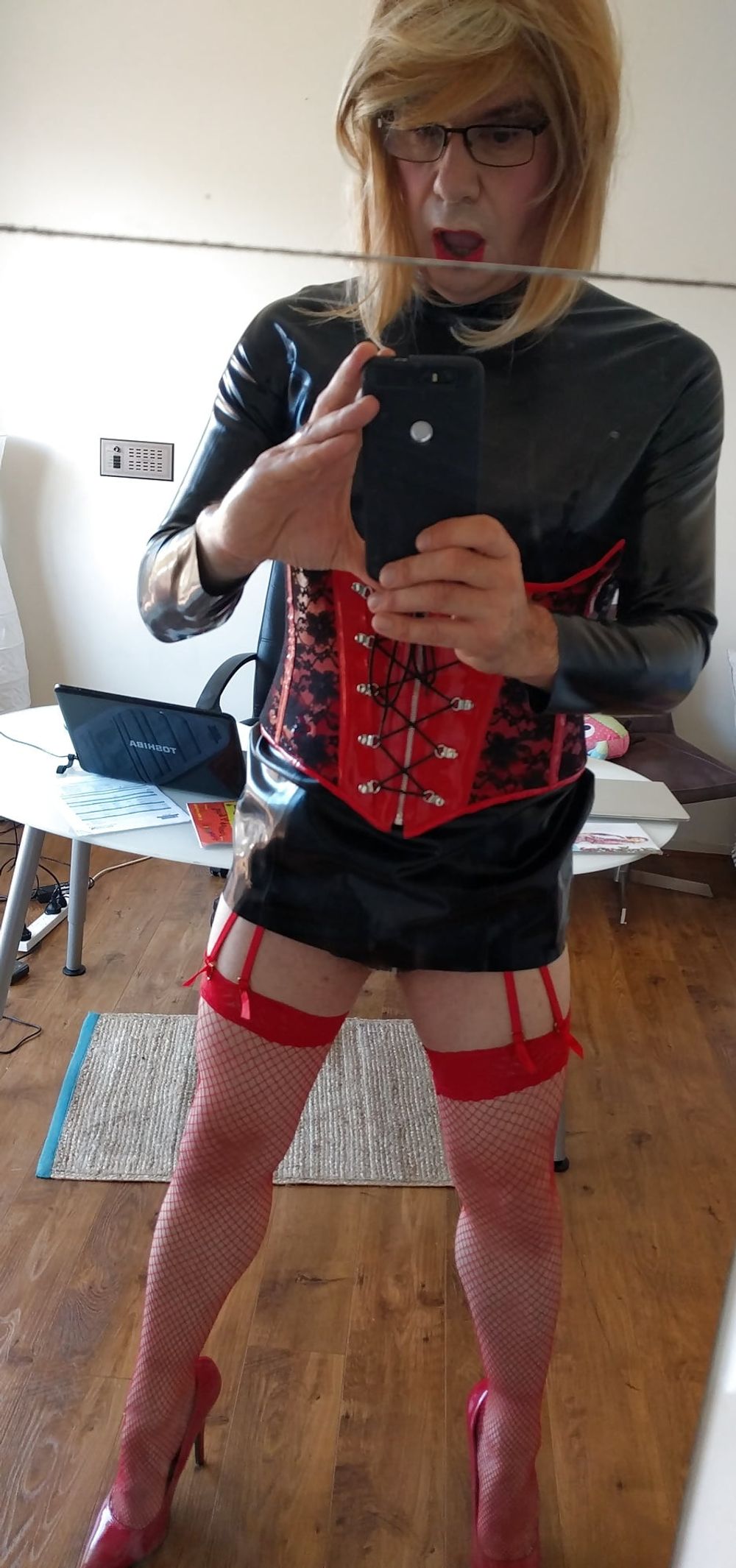 Red fishnets and hot corset combo #15