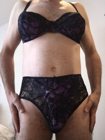 Dressing up in my wife&#039;s purple bra set