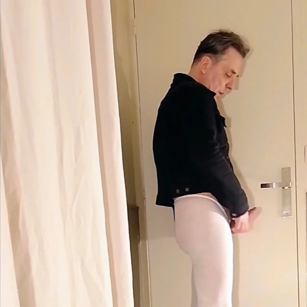 Cock stroking in white open pantyhose #2
