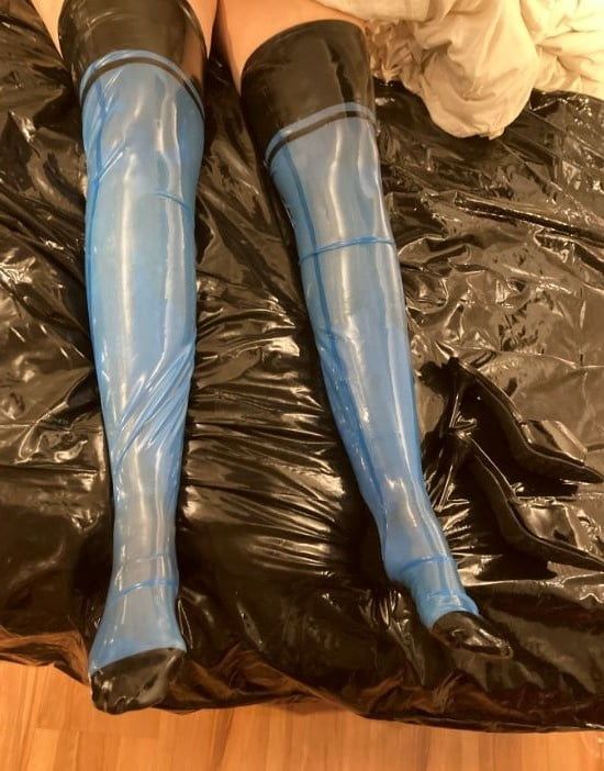 Transparent Blue Latex Stockings and Black Mules