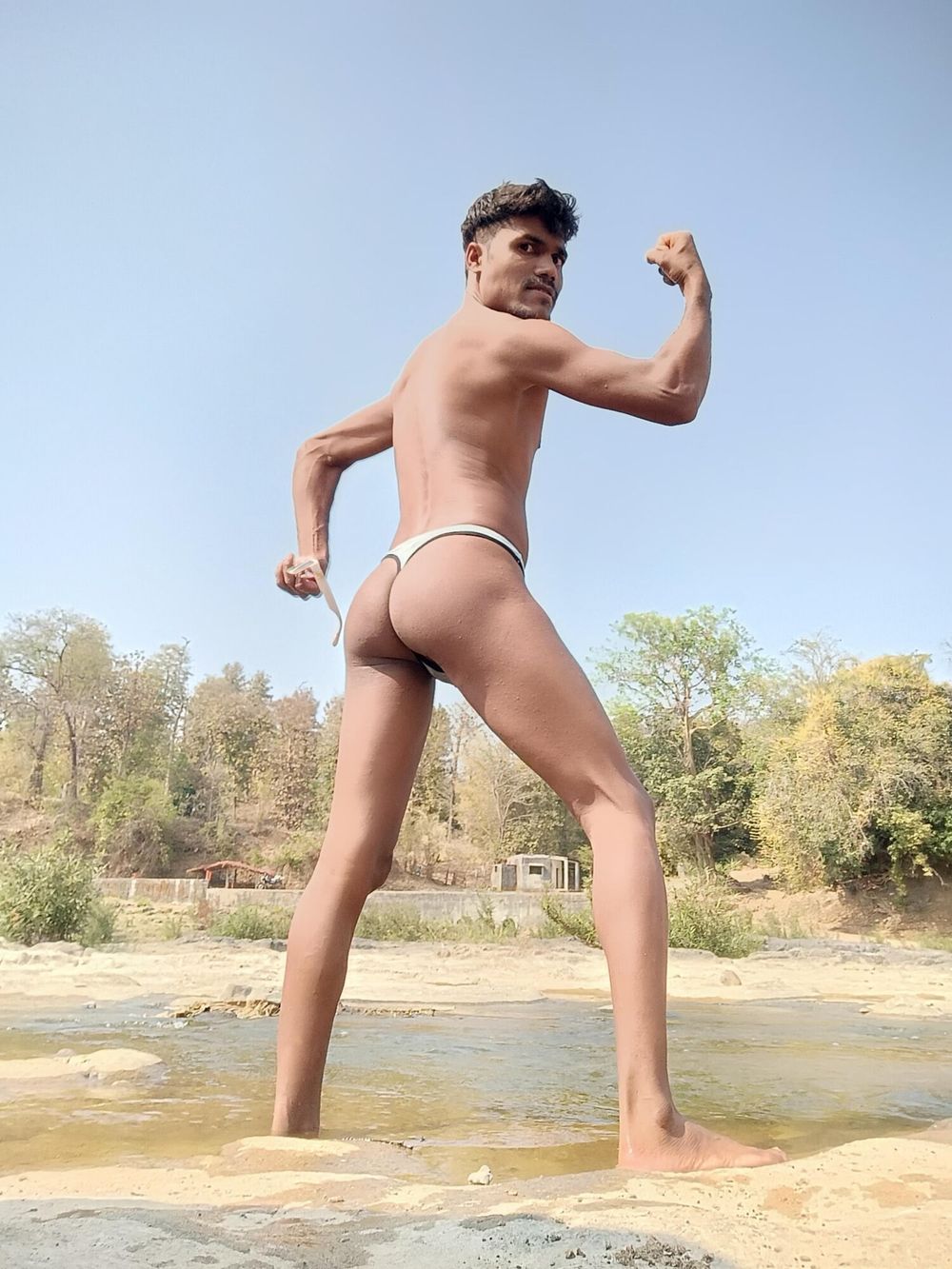 Hot muscular gym boy outdoor in river bathing enjoying swimm #3