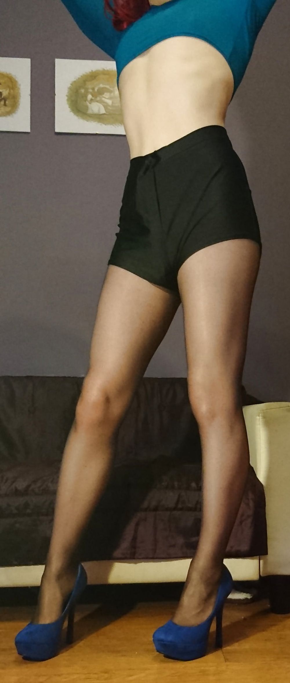 Marie crossdresser in sheer pantyhose and black shorts #7