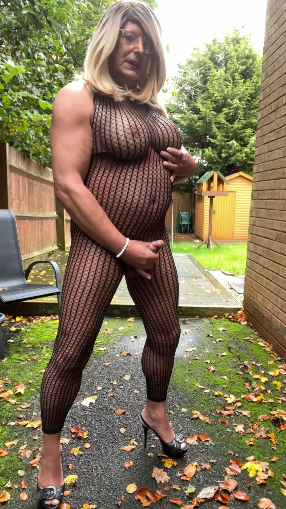 Crossdresser kellycd2022 in black fishnet catsuit and heels  #23