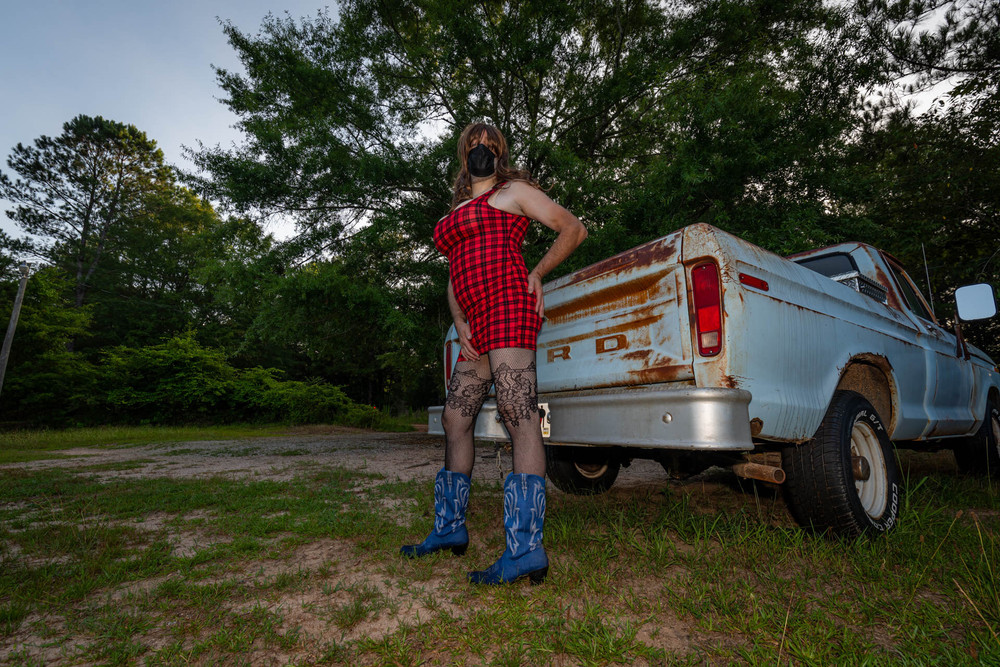 Jon Scarecrow Big Fake tits Crossdresser in Snug Plaid Dress #11