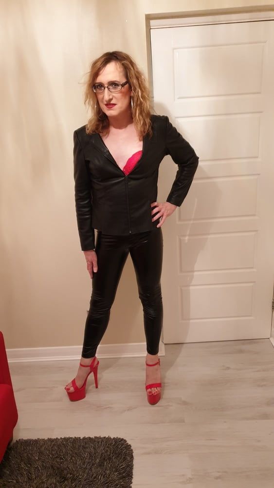 Black Tight PVC Leather Look and Huge Heels Essex Girl Lisa #16