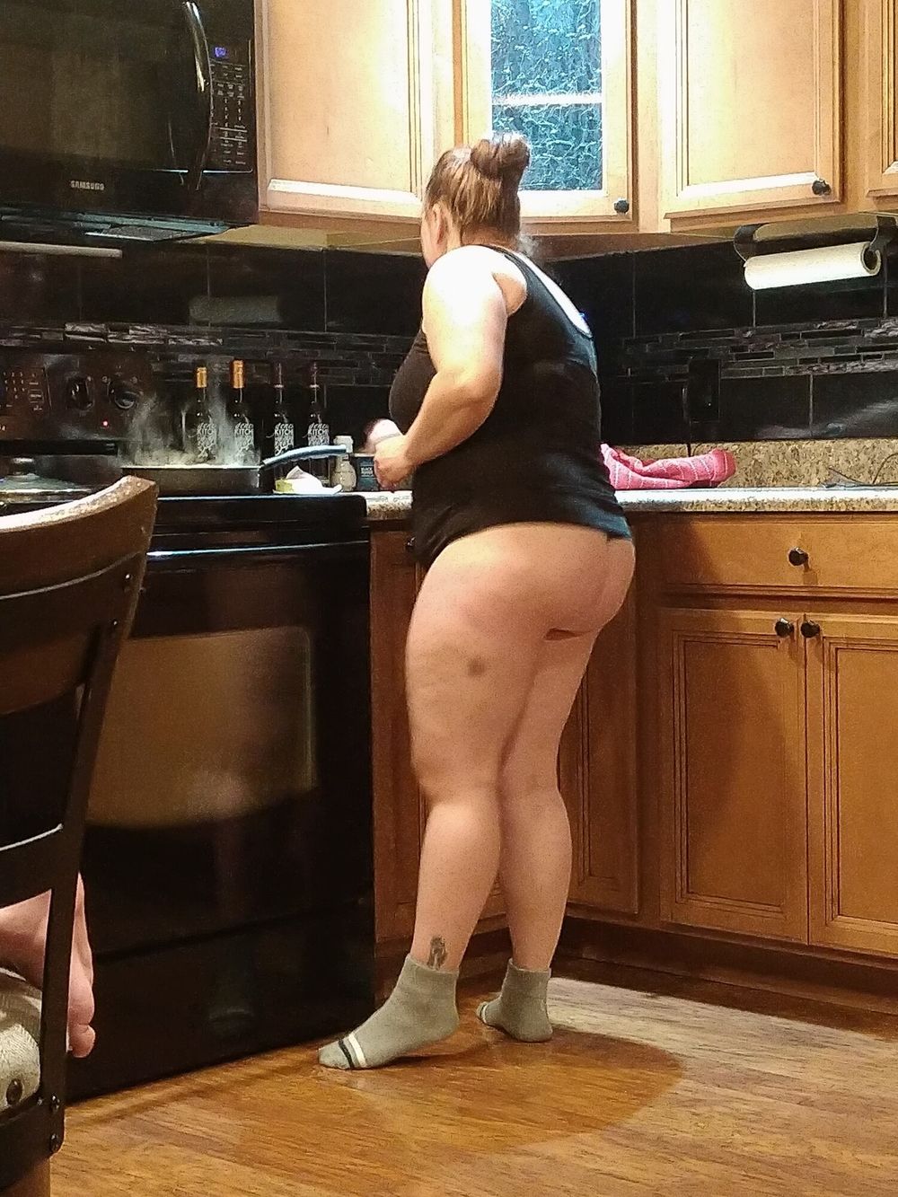 Sexy chubby wife cooking in thong  #11