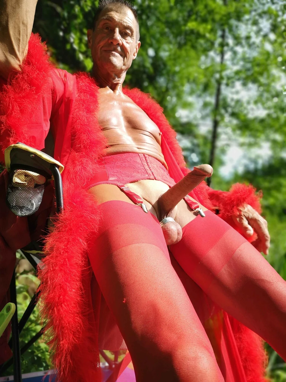 Crossdresser in red Lingerie at public Nudist Lake #26
