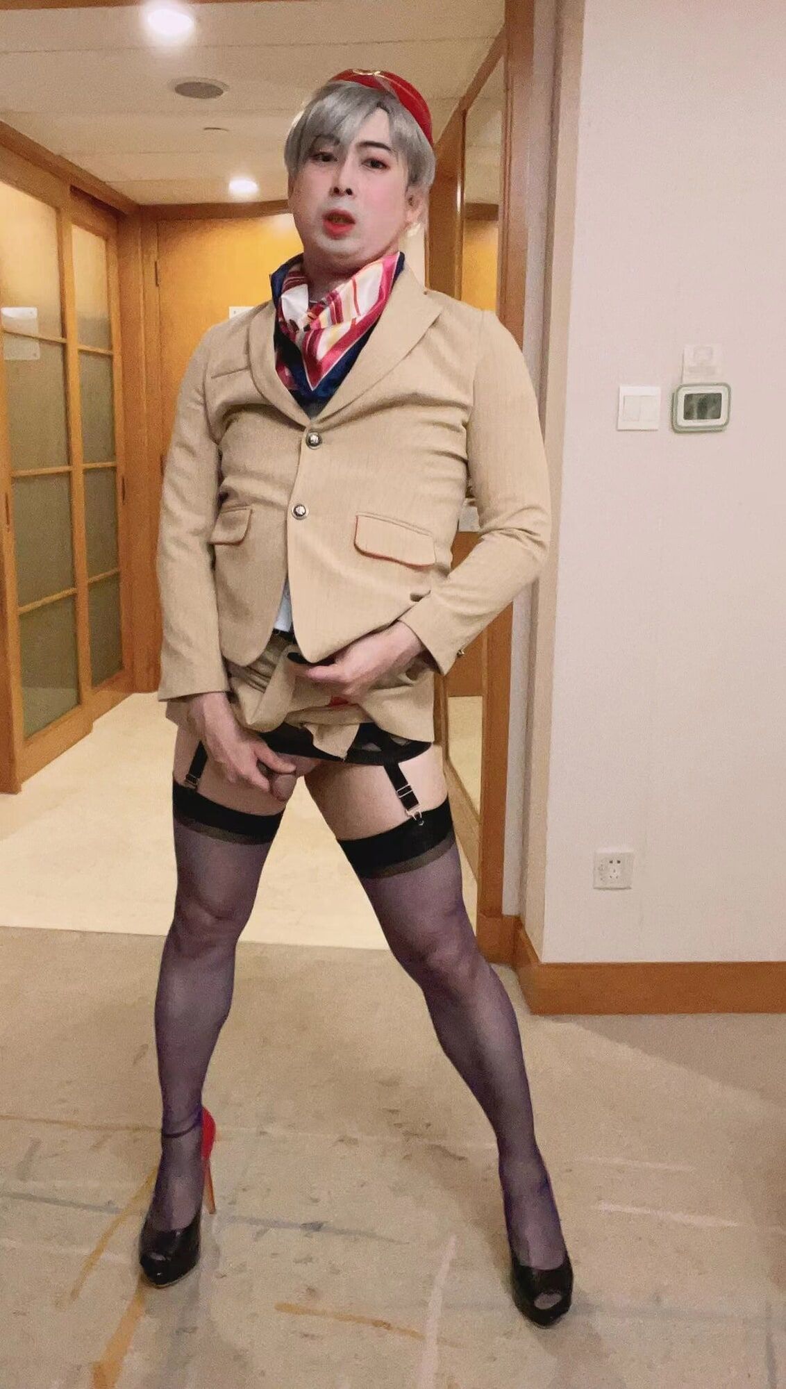 Asian femboy sissy in Emirates flight attendant dress #21